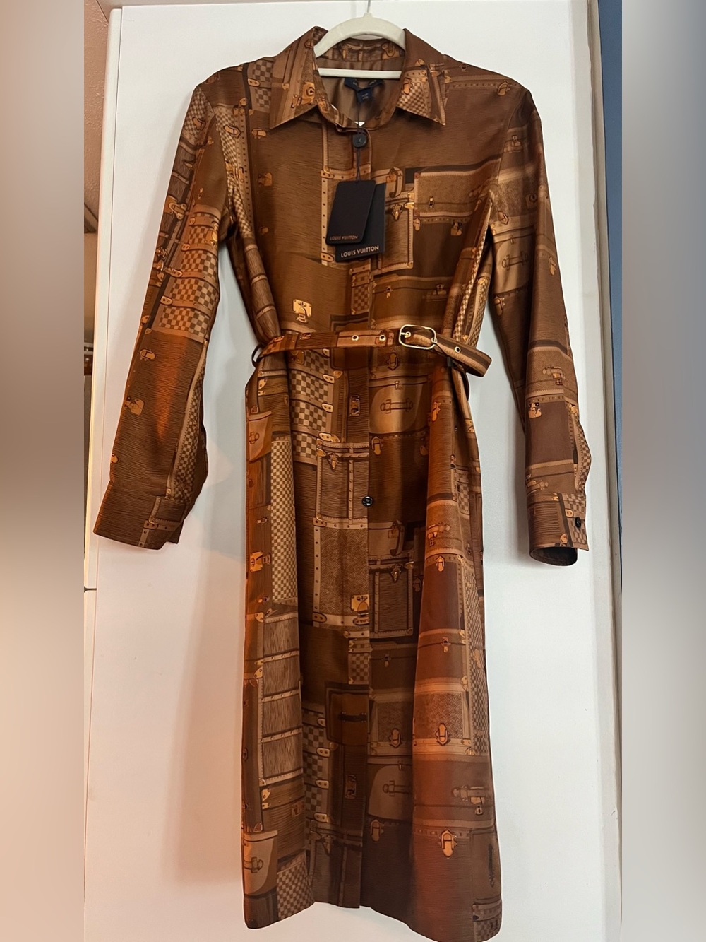 Louis Vuitton Brown Trunk-Print Midi Shirt Dress